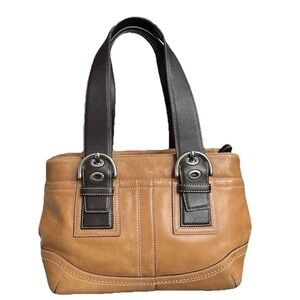 VTG Coach Soho Shoulder Bag Tan & Dark Brown Leather Silver Zip Up